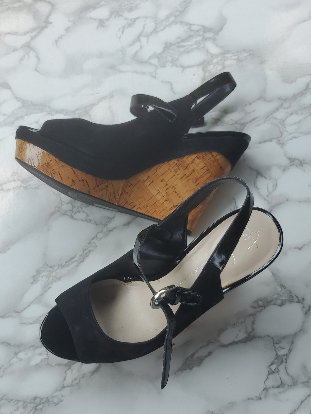 Franco Sarto 'Roxanne' Black Suede Cork Wedge Sandals - Size 9M (NWOT)